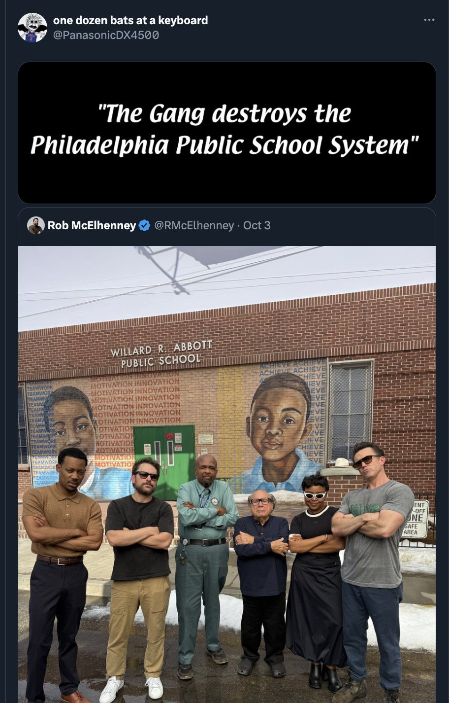 It's Always Sunny in Philadelphia - one dozen bats at a keyboard PanasonicDX4500 "The Gang destroys the Philadelphia Public School System" Rob McElhenney Oct 3 Willard R Abbott Public School D